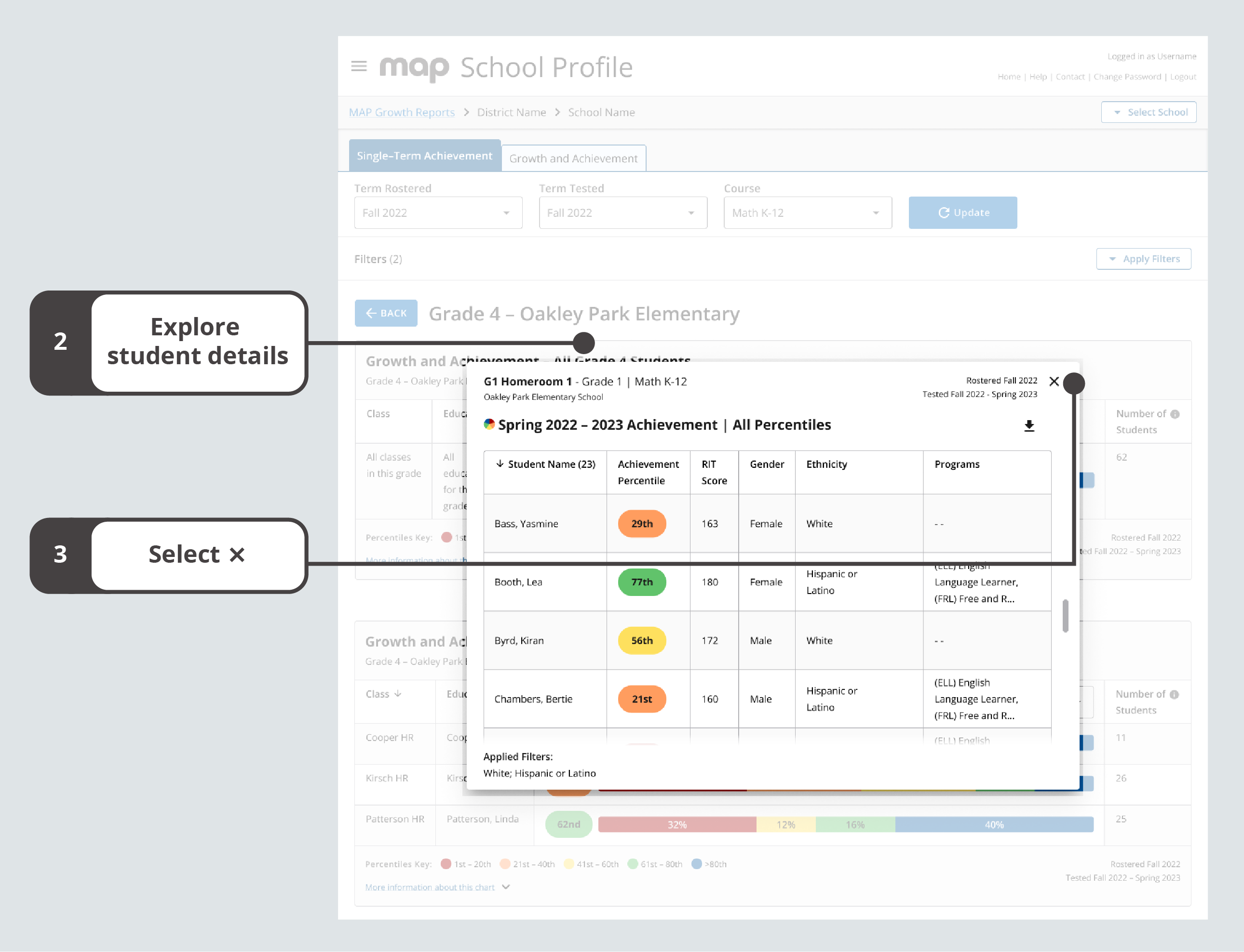 The student details table for a single quintile band displays data for individual students, including name, achievement percentile, RIT score, gender, ethnicity, and programs; the ability to close this view is marked by an ✕ and is located on the top right of the table.