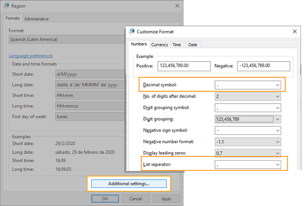 Settings for Decimal and List separator Settings for Decimal and List separator